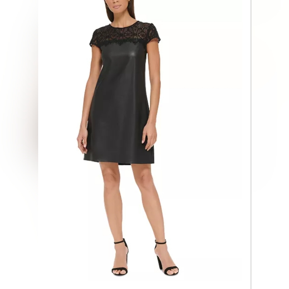 Kensie NWT Black Faux Leather Mini Shift Dress with Lace Detail Size 14